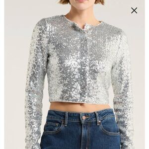 $179 Good American Crop Silver Sequin Cardigan size Medium NWT